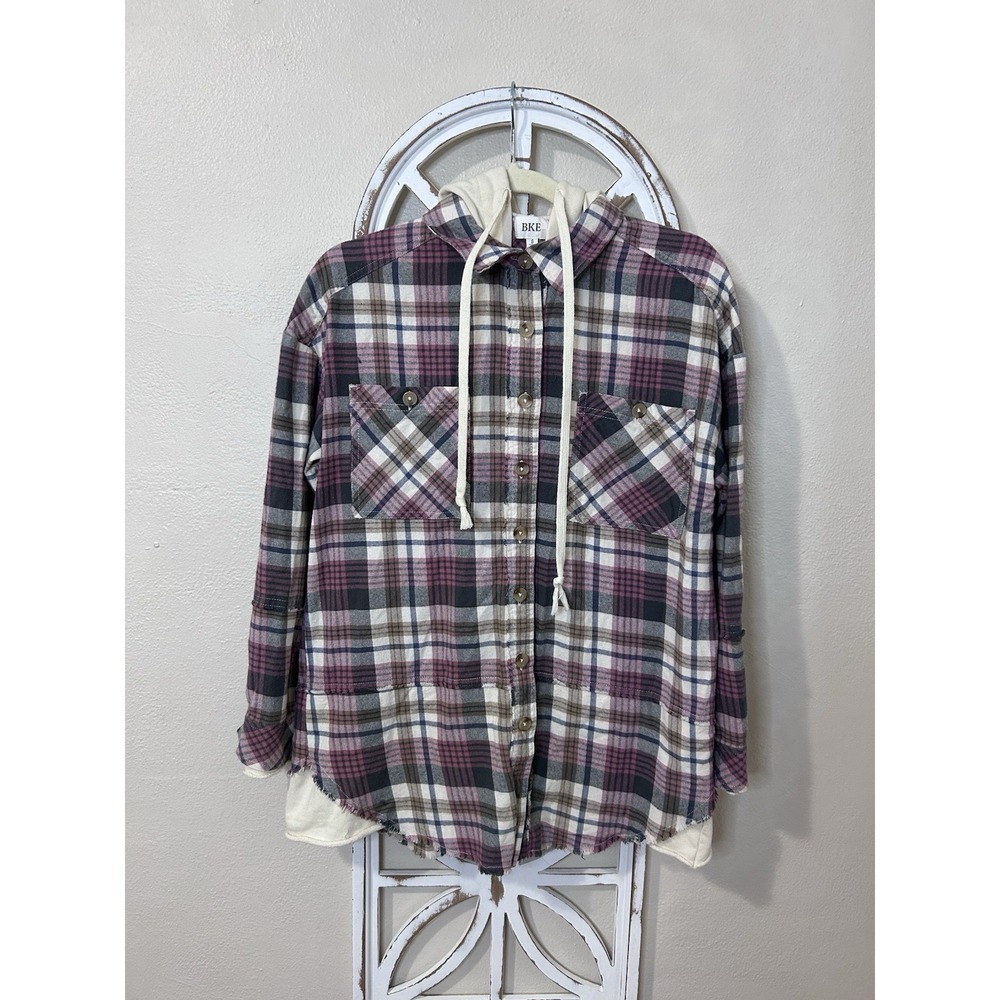 BKE Buckle SMALL Plaid Boyfriend Hooded Flannel Shirt Button Down Cottage *013
